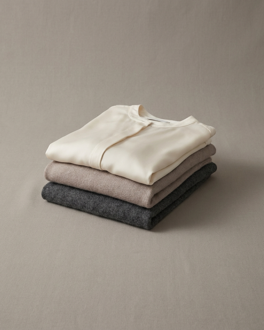 Hauts Femme - trois hauts pliés : chemisier en soie crème, maille taupe et cachemire gris