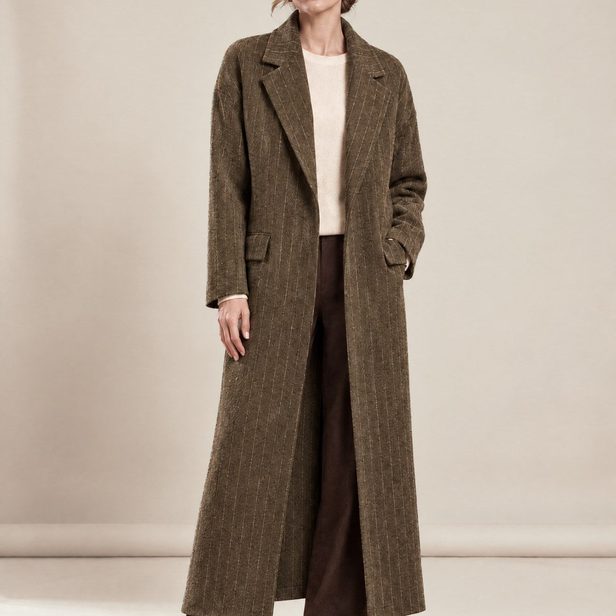 Grey Striped Coat in khaki