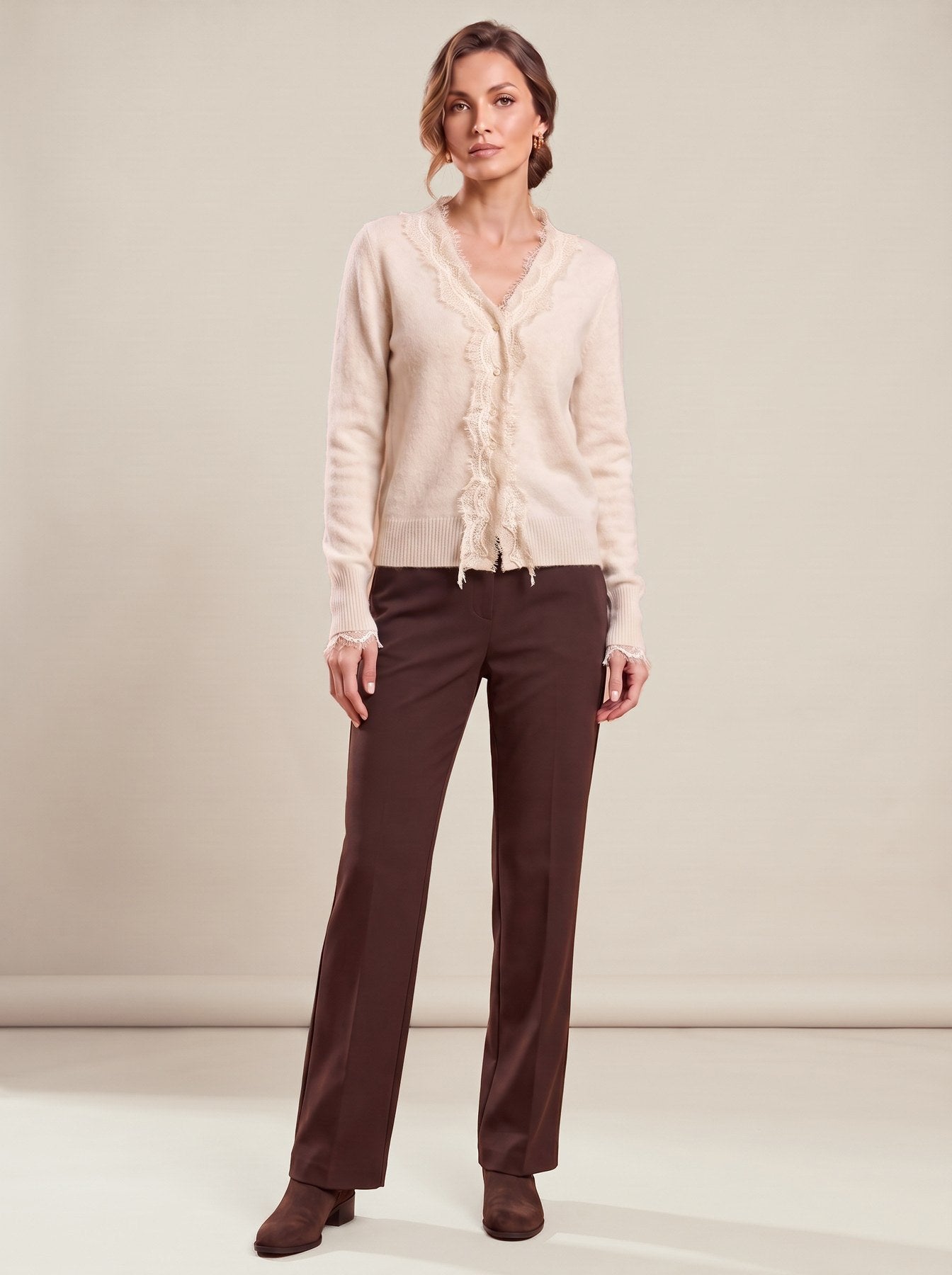 White V-Neck Cardigan in almond beige