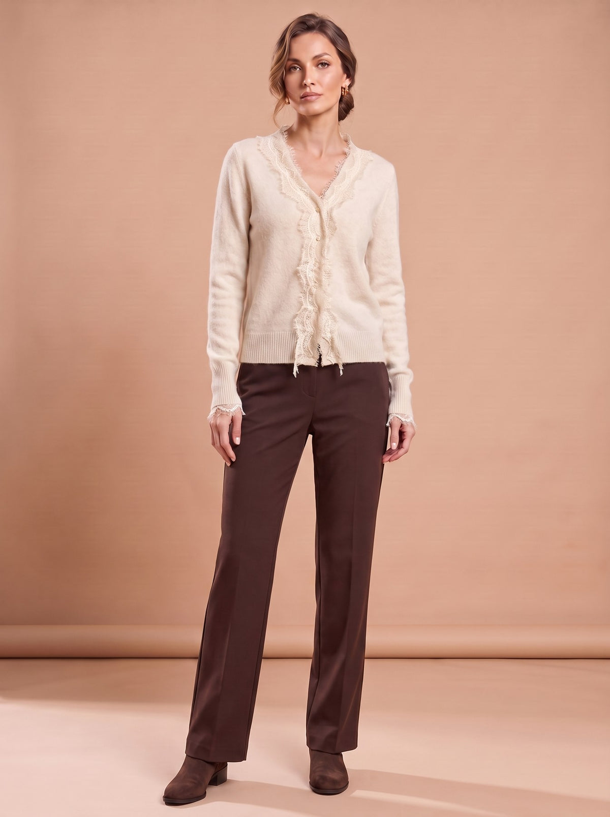 Cardigan Col V Blanc beige amande