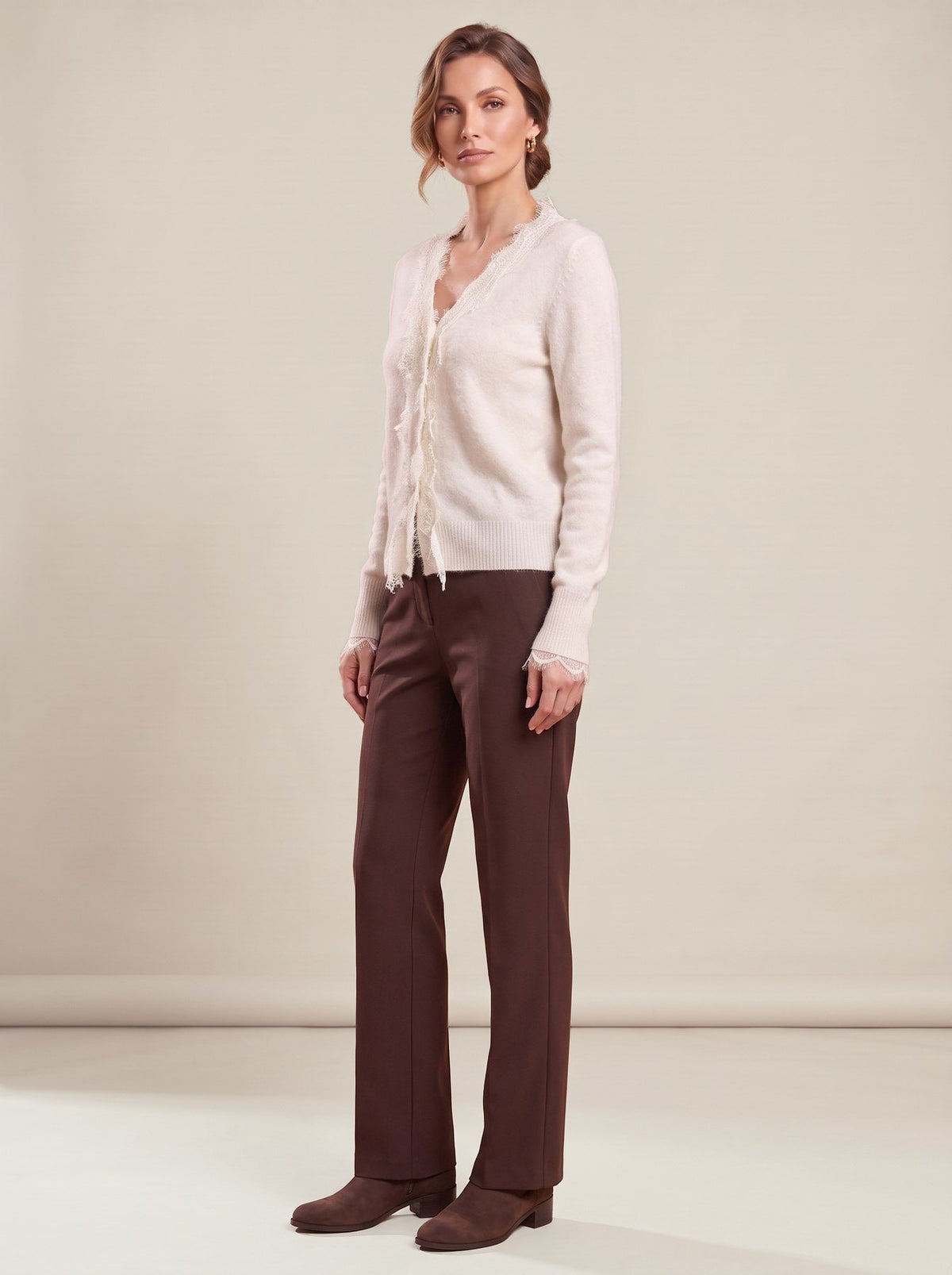 White V-Neck Cardigan, three-quarter view