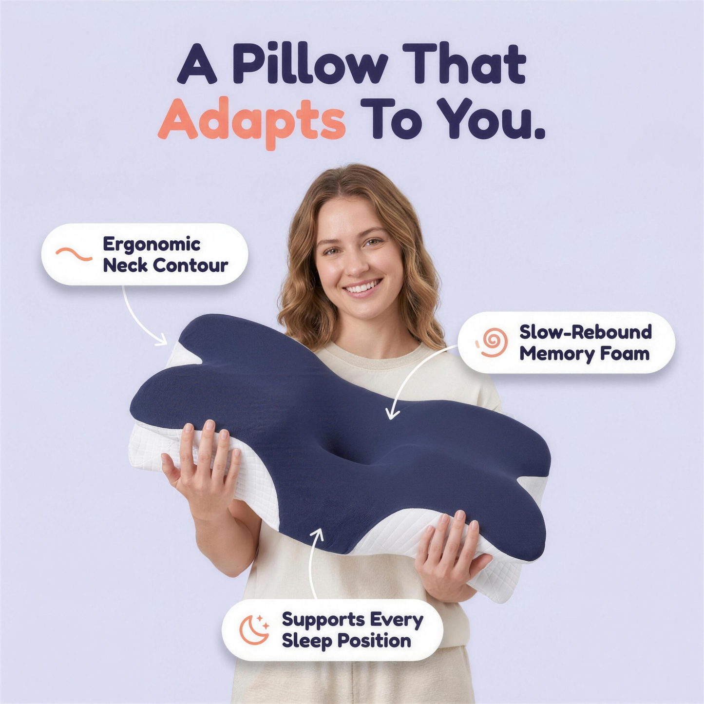 A pillow that adapts to you — woman holding the Lushko ergonomic memory foam neck pillow with ergonomic neck contour, slow-rebound memory foam and support for every sleep position