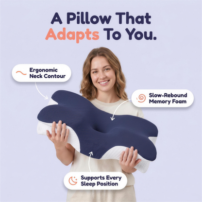 A pillow that adapts to you — woman holding the Lushko ergonomic memory foam neck pillow with ergonomic neck contour, slow-rebound memory foam and support for every sleep position