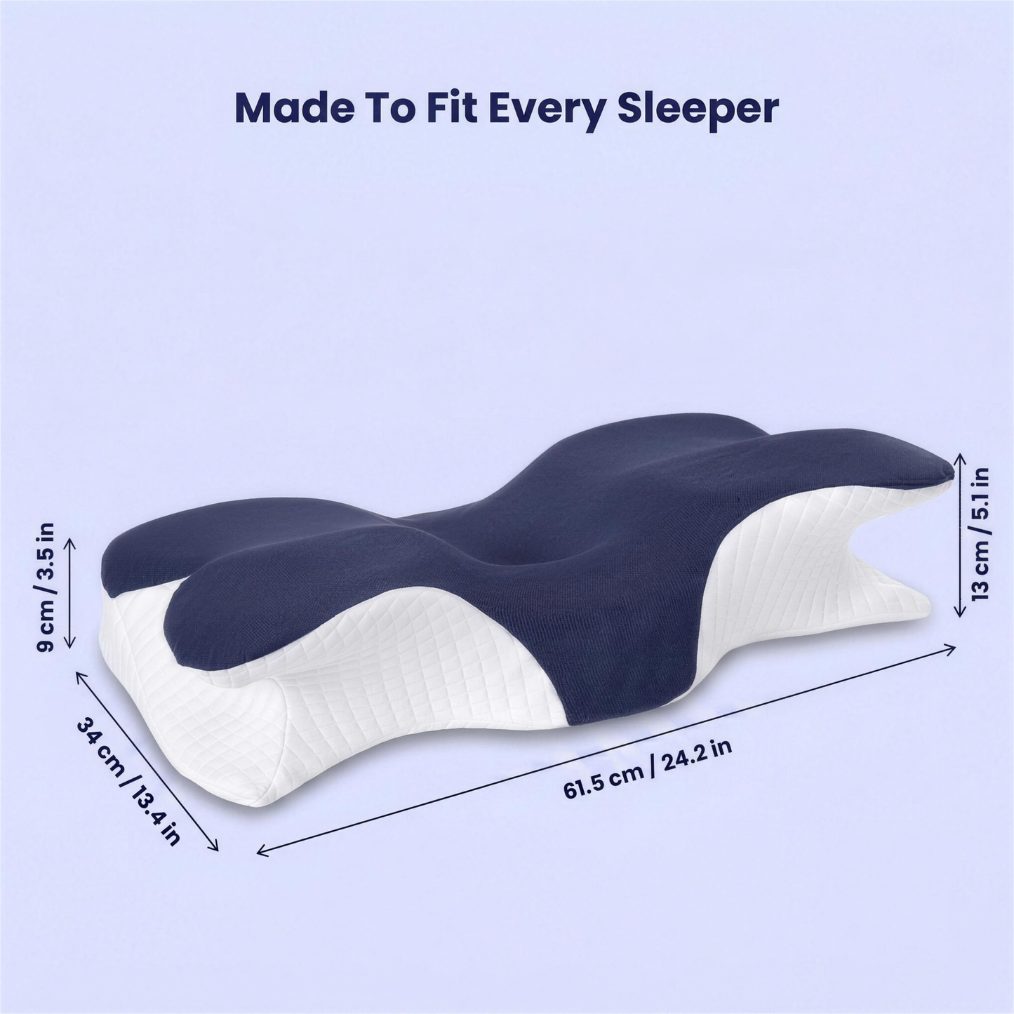 Lushko ergonomic neck pillow dimensions — 61.5 x 34 cm with dual heights 13 cm and 9 cm, made to fit every sleeper