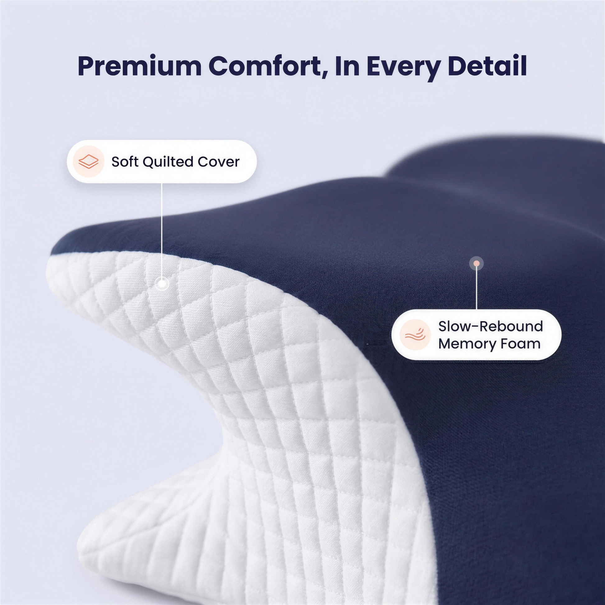 Lushko neck pillow close-up — soft quilted cover and slow-rebound memory foam, premium comfort in every detail
