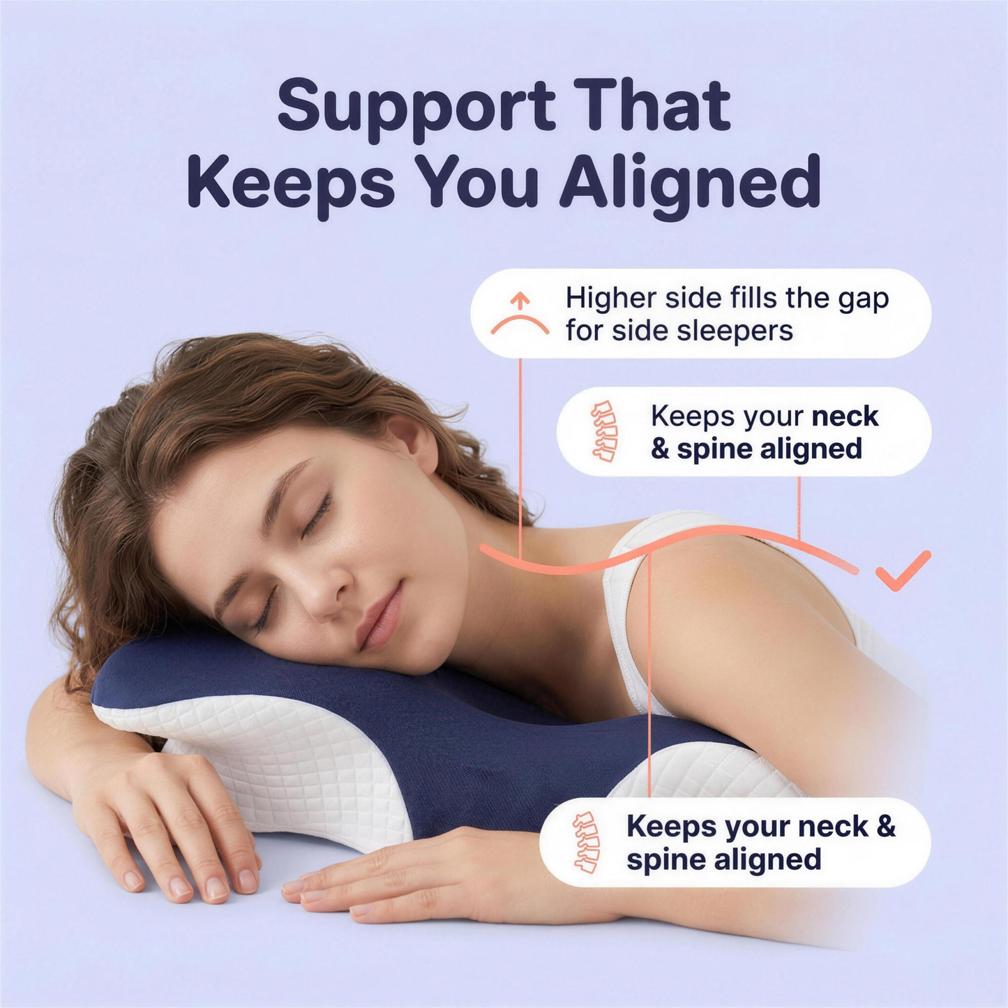 How the Lushko neck pillow works — higher side fills the gap for side sleepers and keeps your neck and spine aligned