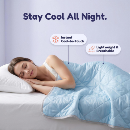 Stay cool all night — woman resting in bed under the Lushko Sky Blue cooling summer blanket, instant cool-to-touch and lightweight breathable