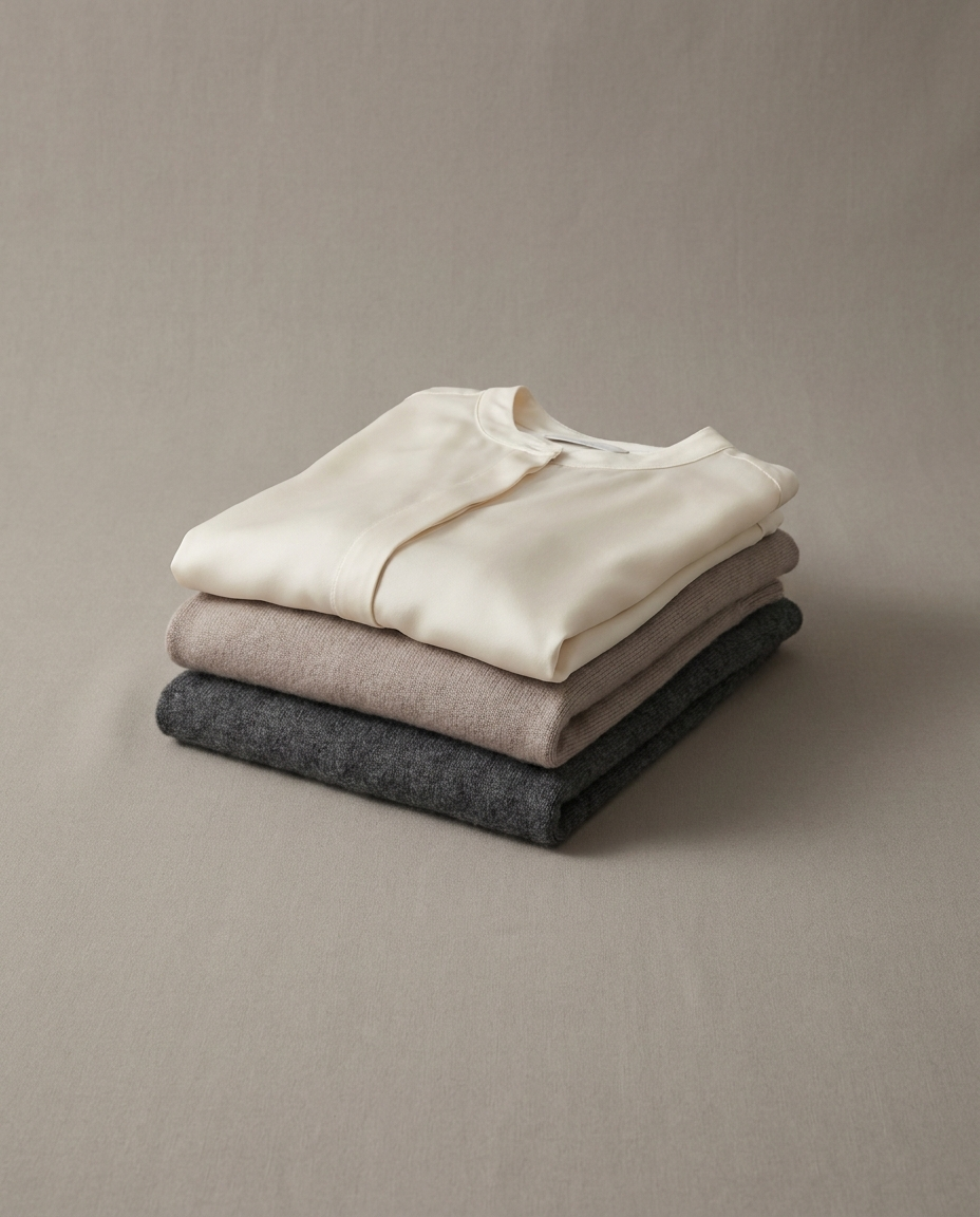 Hauts Femme - trois hauts pliés : chemisier en soie crème, maille taupe et cachemire gris