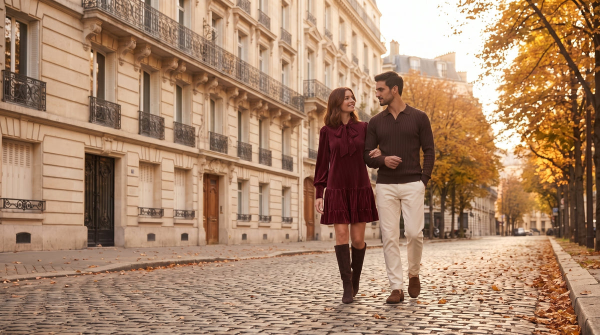 Couple on an autumn street, she in the Colette dress in burgundy, he in the Guillaume polo in brown