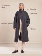 Manteau Irène : col croisé, un bouton, silhouette ample, poches