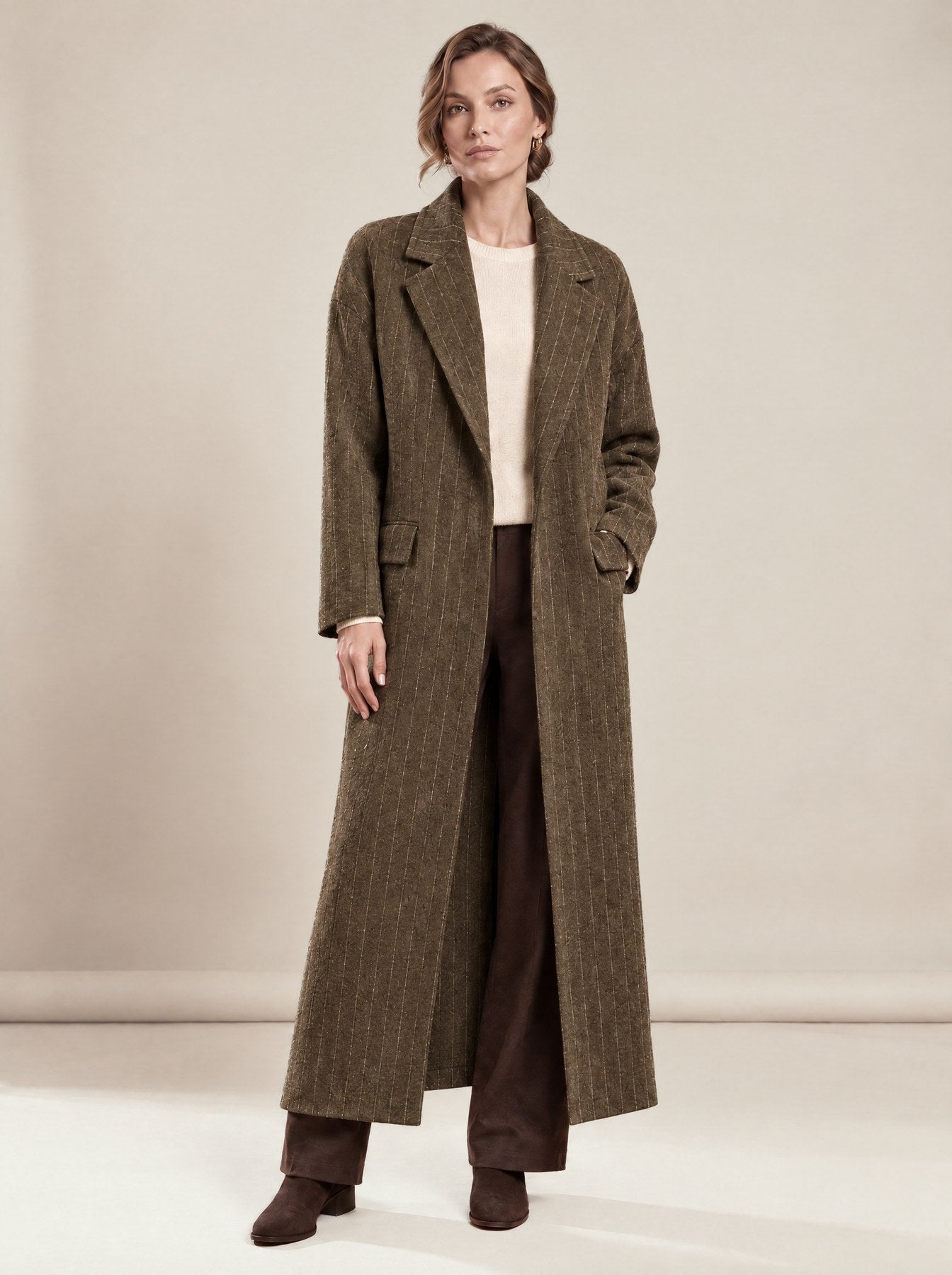 Grey Striped Coat in khaki