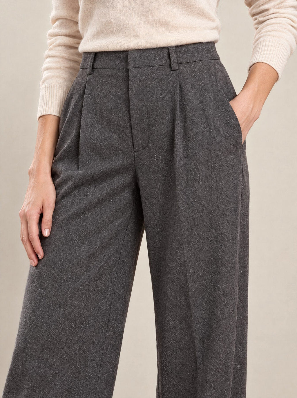 Grey Trousers, detail of the waist and pleats