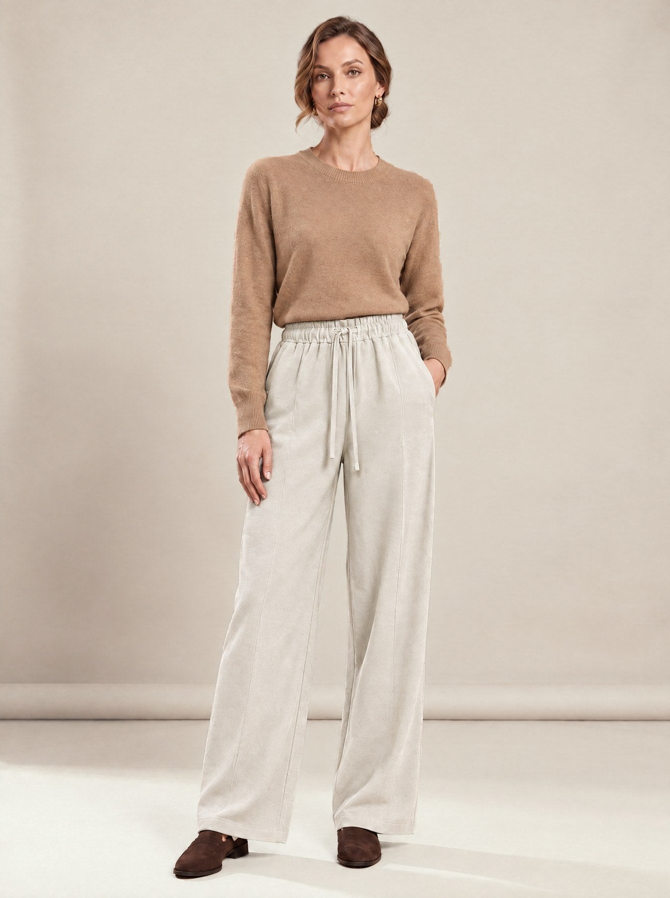 Black Wide-Leg Trousers in beige
