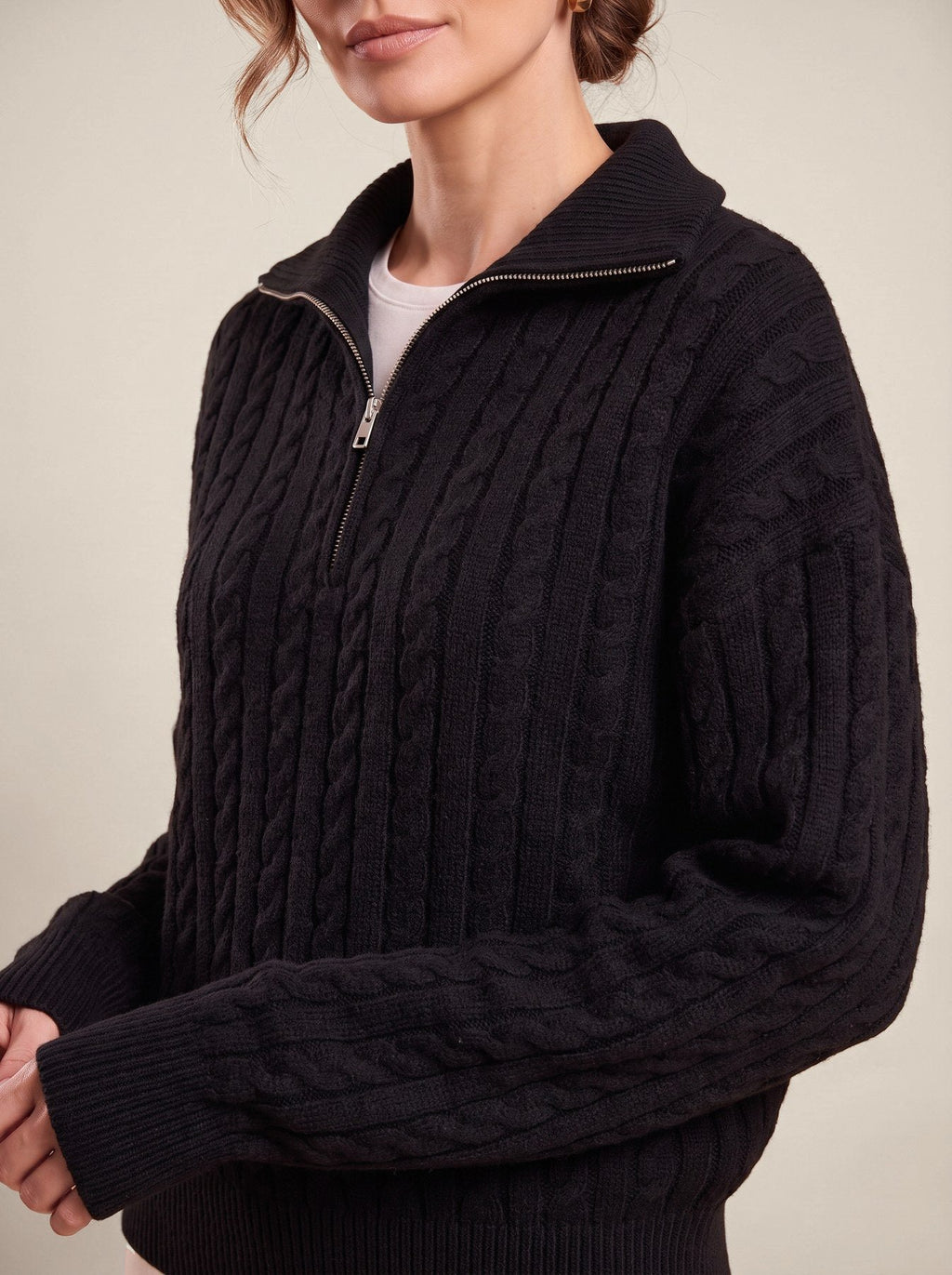 Yolande Jumper, detail of the zip collar and cable knit